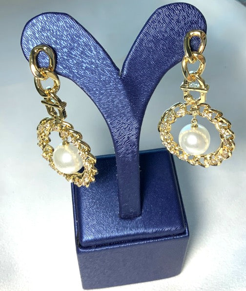 Ohrringe Kette Kreis Perle Gelbgold Farbe Zirkonia