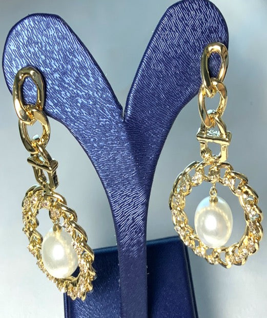 Ohrringe Kette Kreis Perle Gelbgold Farbe Zirkonia