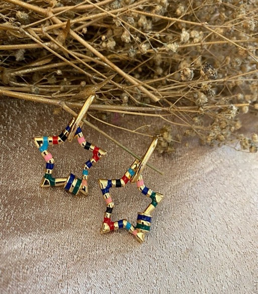 Pendientes Aros Forma Estrella Multicolores Color Dorado