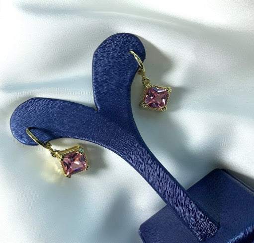 Earrings Small Gold Color Pink Zirconia
