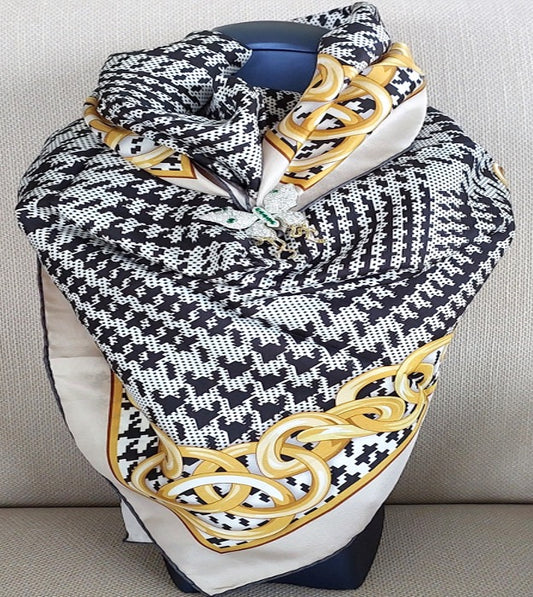 Great Gift 2PCS for Woman Silk Scarf and a Zirconia Butterfly Brooch Chain Print Black White Yellow Colors Box Packaging
