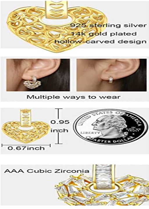Juego de 2 piezas de aretes en forma de corazón de color dorado con circonitas cúbicas.