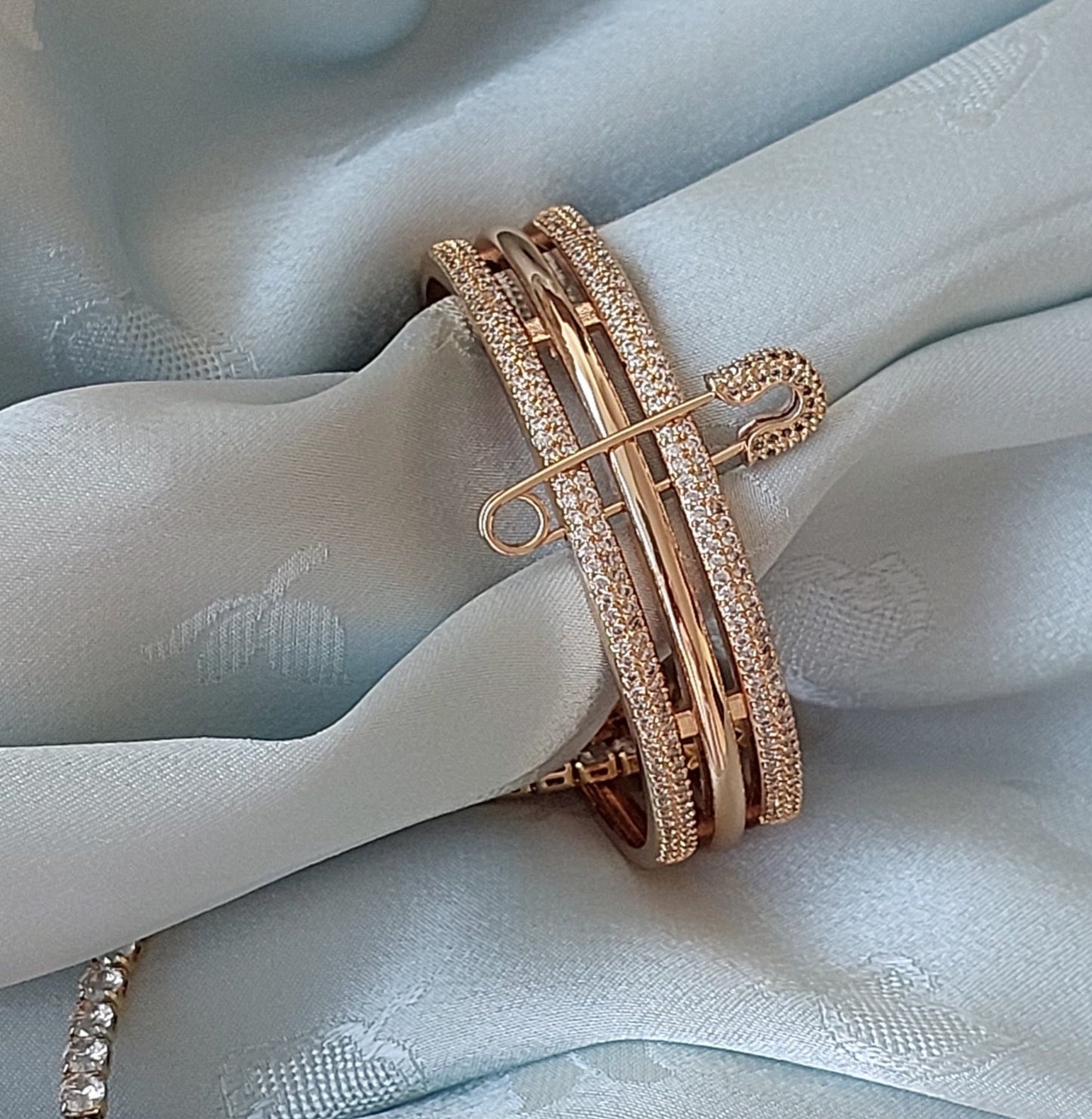 Jewelry Set 3 pieces Cuff Bracelet Necklace Earrings 3 in 1 Style Yellow Gold Color Diamond Zirconia Pin