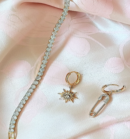Jewelry Set 3 pieces Cuff Bracelet Necklace Earrings 3 in 1 Style Yellow Gold Color Diamond Zirconia Pin