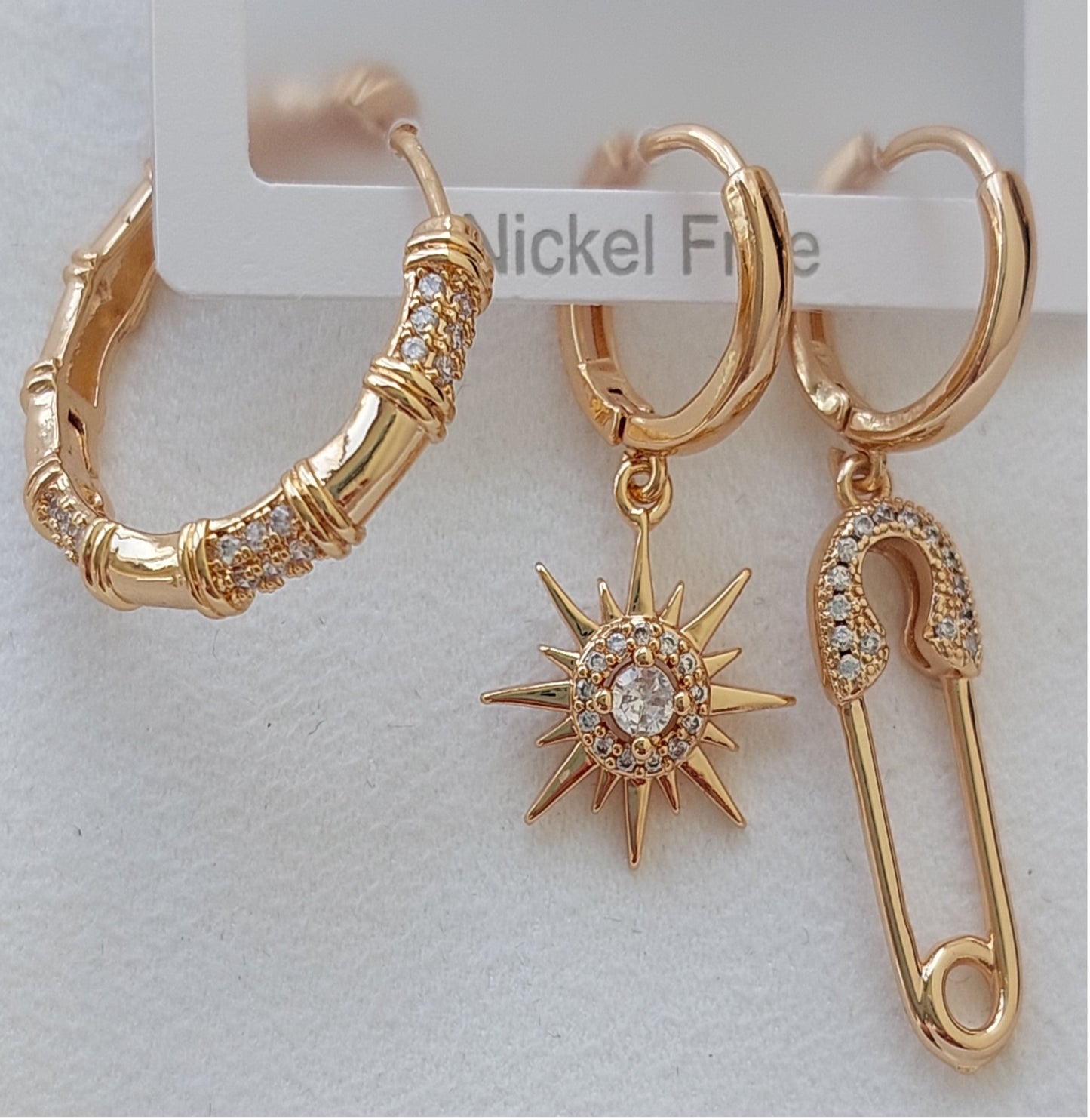 Jewelry Set 3 pieces Cuff Bracelet Necklace Earrings 3 in 1 Style Yellow Gold Color Diamond Zirconia Pin