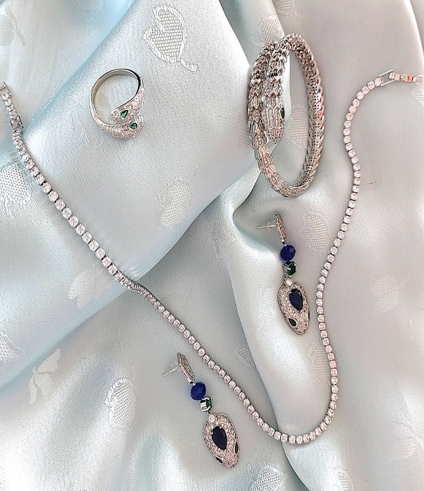 Jewellery Set 4pieces Bracelet Necklace Earrings Ring White Gold Color Zircon Blue Green Stones Gift Box