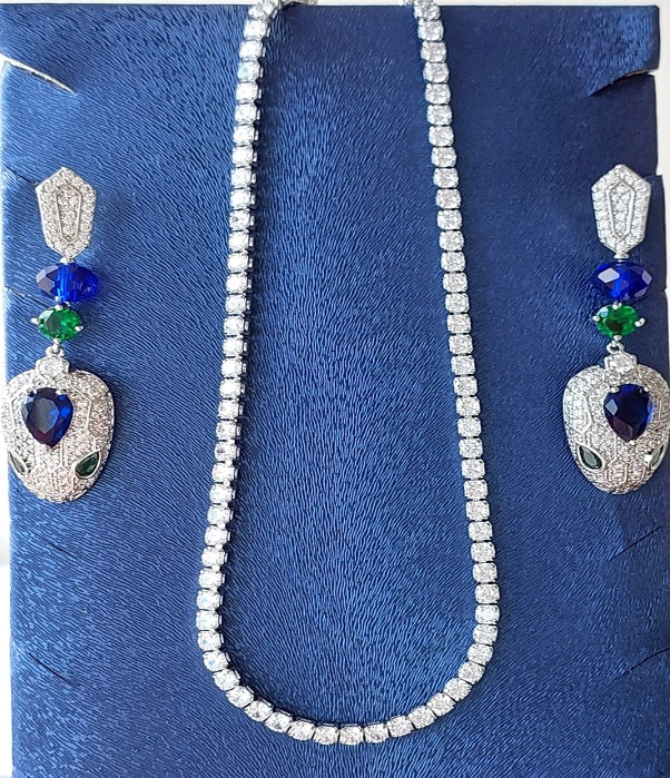 Jewellery Set 4pieces Bracelet Necklace Earrings Ring White Gold Color Zircon Blue Green Stones Gift Box