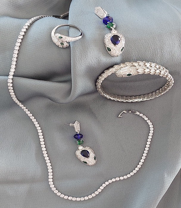Jewellery Set 4pieces Bracelet Necklace Earrings Ring White Gold Color Zircon Blue Green Stones Gift Box