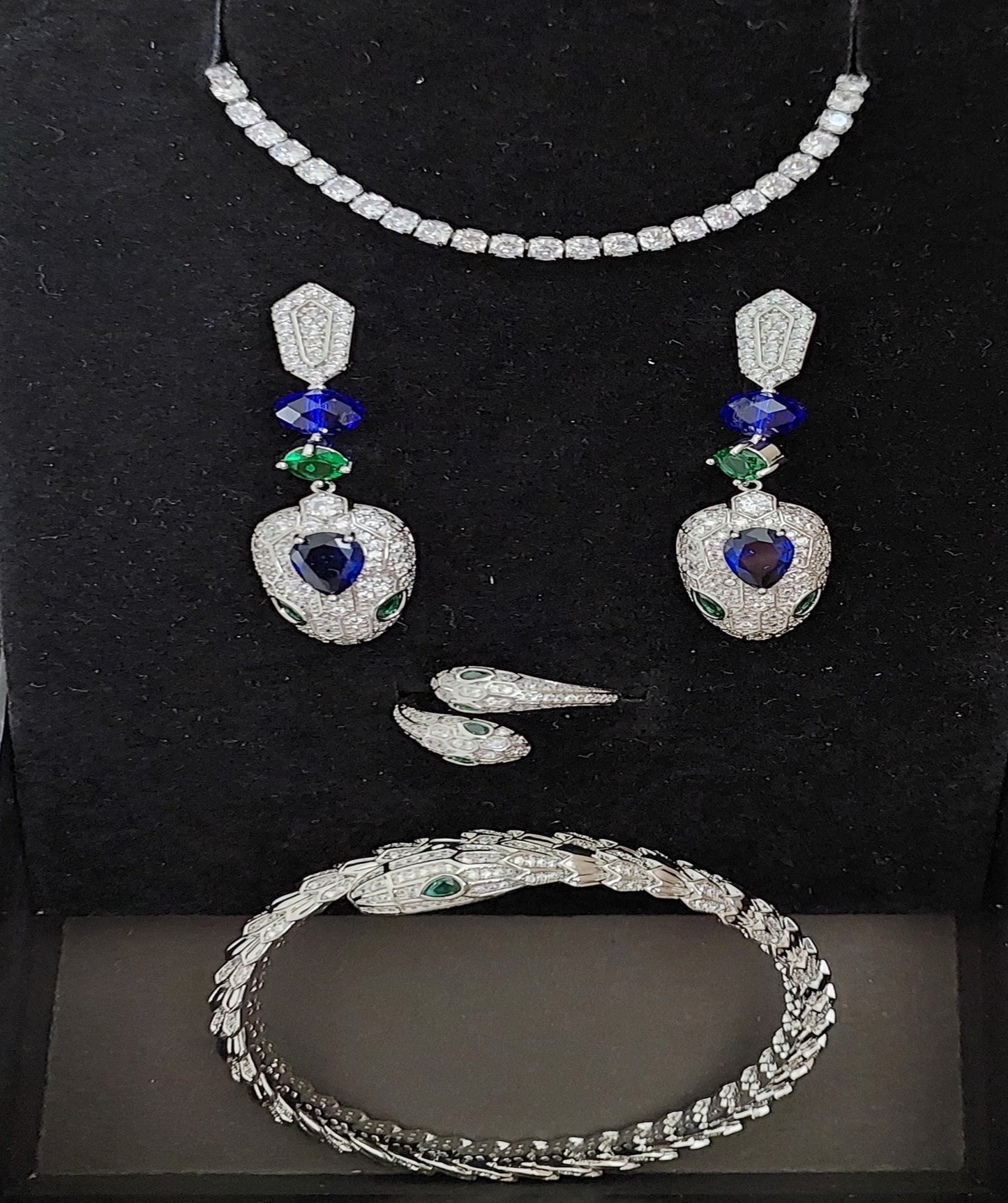 Jewellery Set 4pieces Bracelet Necklace Earrings Ring White Gold Color Zircon Blue Green Stones Gift Box