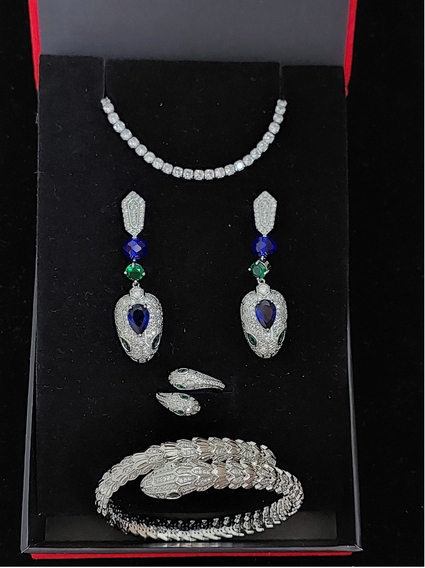 Jewellery Set 4pieces Bracelet Necklace Earrings Ring White Gold Color Zircon Blue Green Stones Gift Box
