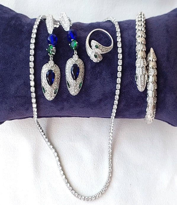 Jewellery Set 4pieces Bracelet Necklace Earrings Ring White Gold Color Zircon Blue Green Stones Gift Box