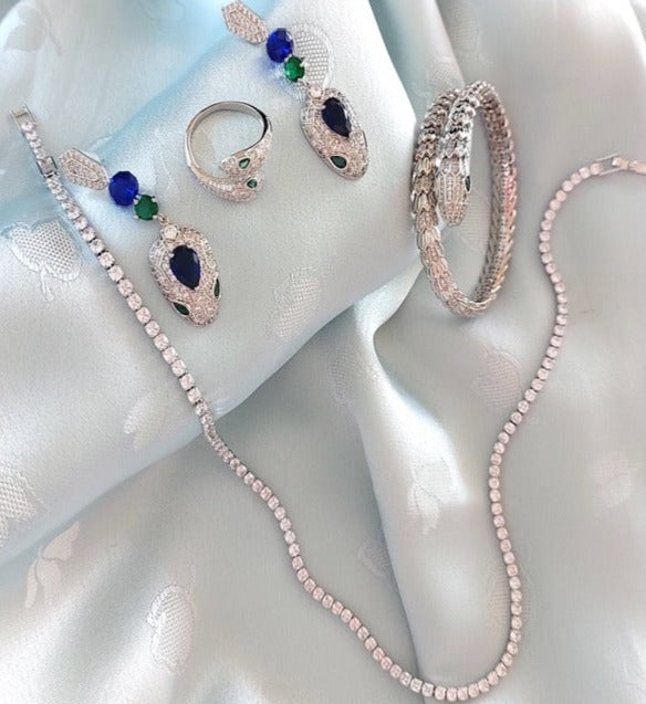 Jewellery Set 4pieces Bracelet Necklace Earrings Ring White Gold Color Zircon Blue Green Stones Gift Box