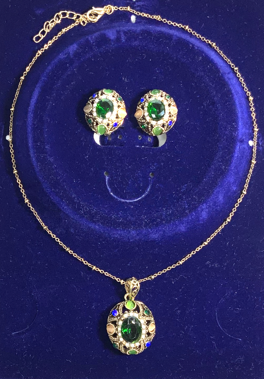 Jewelry Set Baroque Style Emerald Cabochon Gold Color Plated Necklace Earrings Oval Style