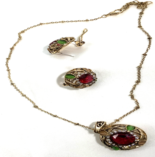 Parure Bijoux Style Baroque Cabochon Rubis Plaqué Or Collier Boucles d'Oreilles Style Rond