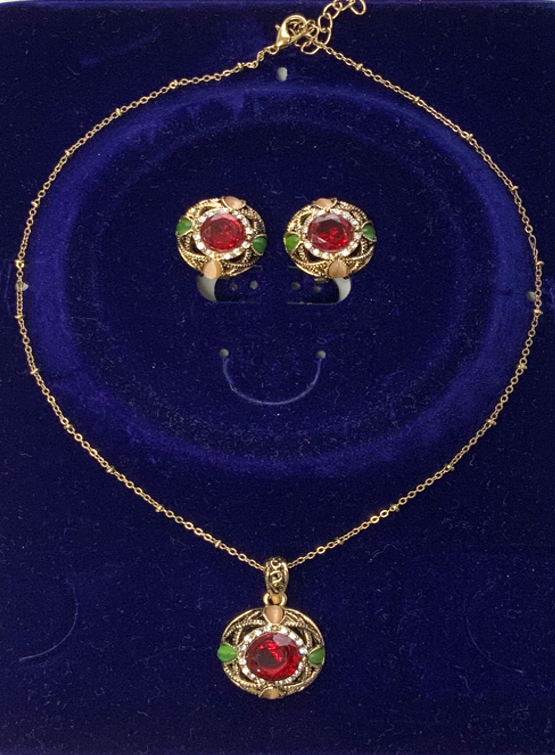 Parure Bijoux Style Baroque Cabochon Rubis Plaqué Or Collier Boucles d'Oreilles Style Rond