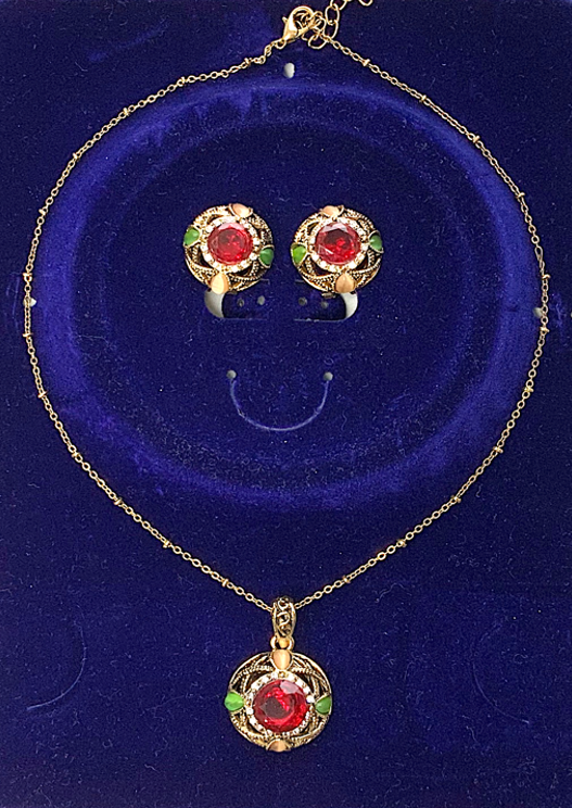 Parure Bijoux Style Baroque Cabochon Rubis Plaqué Or Collier Boucles d'Oreilles Style Rond