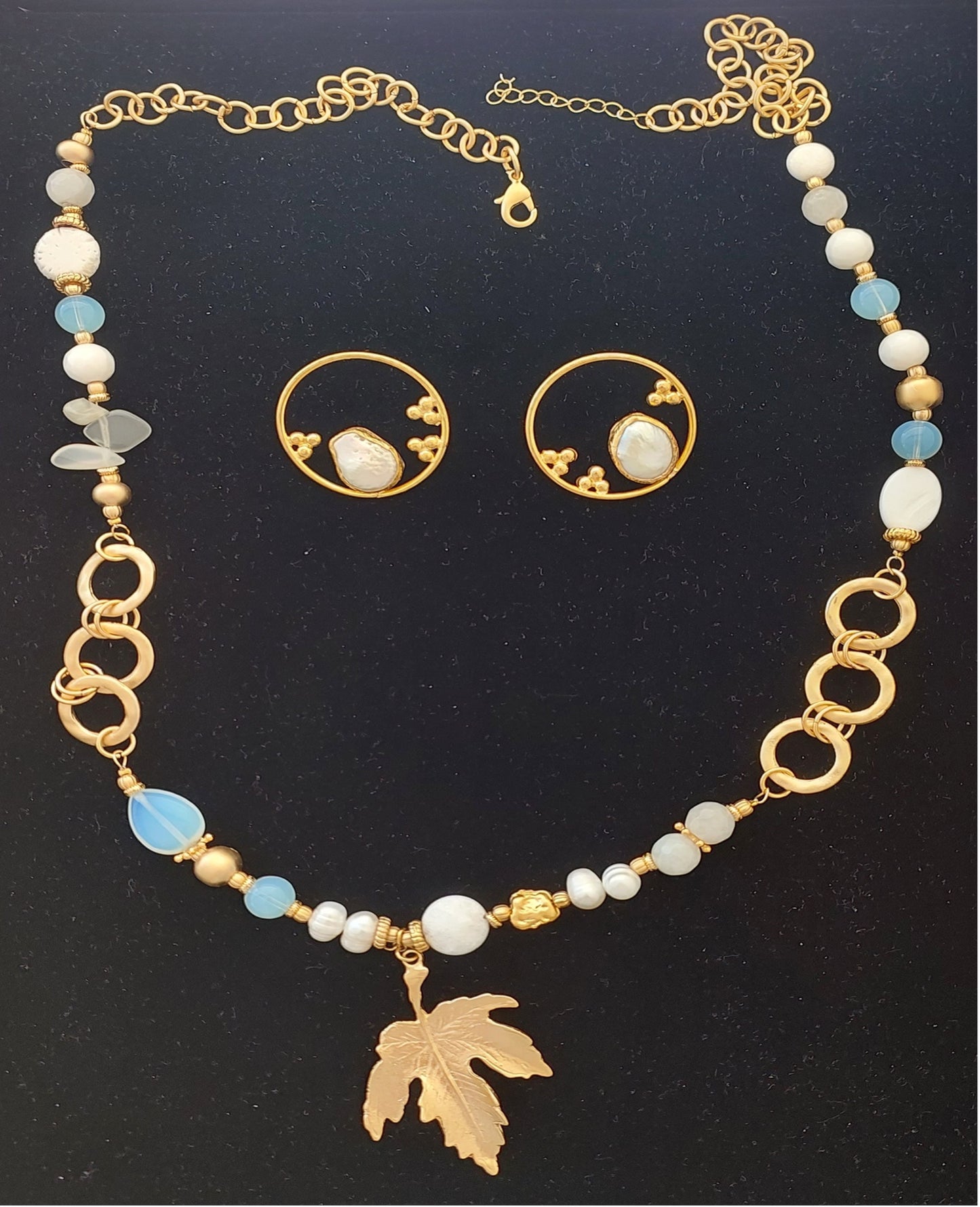 Jewelry Set Necklace Bracelet Earrings Handmade Gemstones White Quartz Crystal Pearl 3 pieces Great Gift for Woman