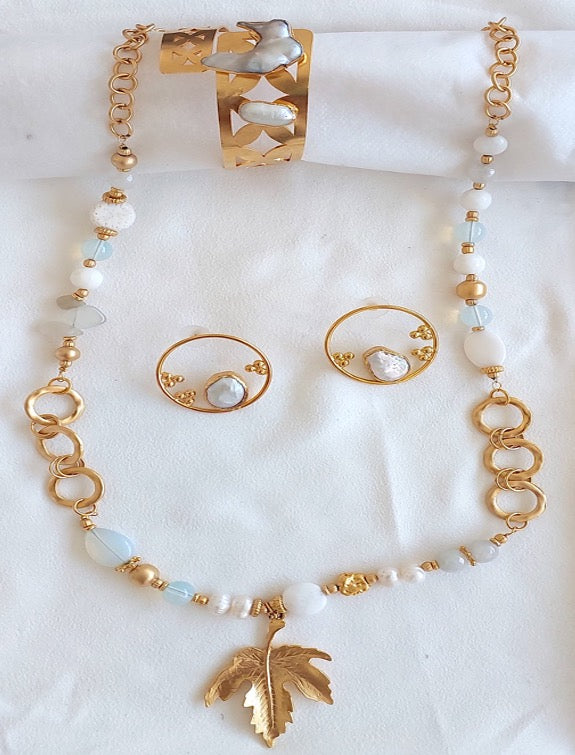 Jewelry Set Necklace Bracelet Earrings Handmade Gemstones White Quartz Crystal Pearl 3 pieces Great Gift for Woman