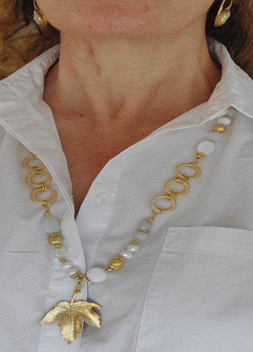 Jewelry Set Necklace Bracelet Earrings Handmade Gemstones White Quartz Crystal Pearl 3 pieces Great Gift for Woman