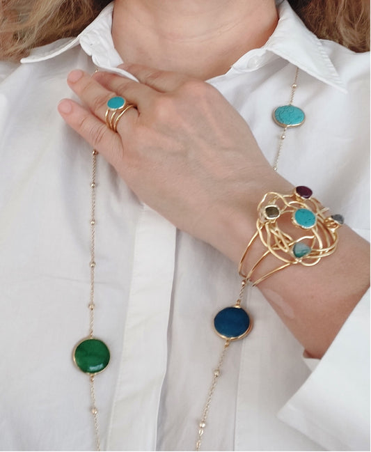 Jewelry Set Necklace Bracelet Ring Handmade Gemstones Multicolor Quartz Crystal Turquoise 3 pieces Great Gift for Woman