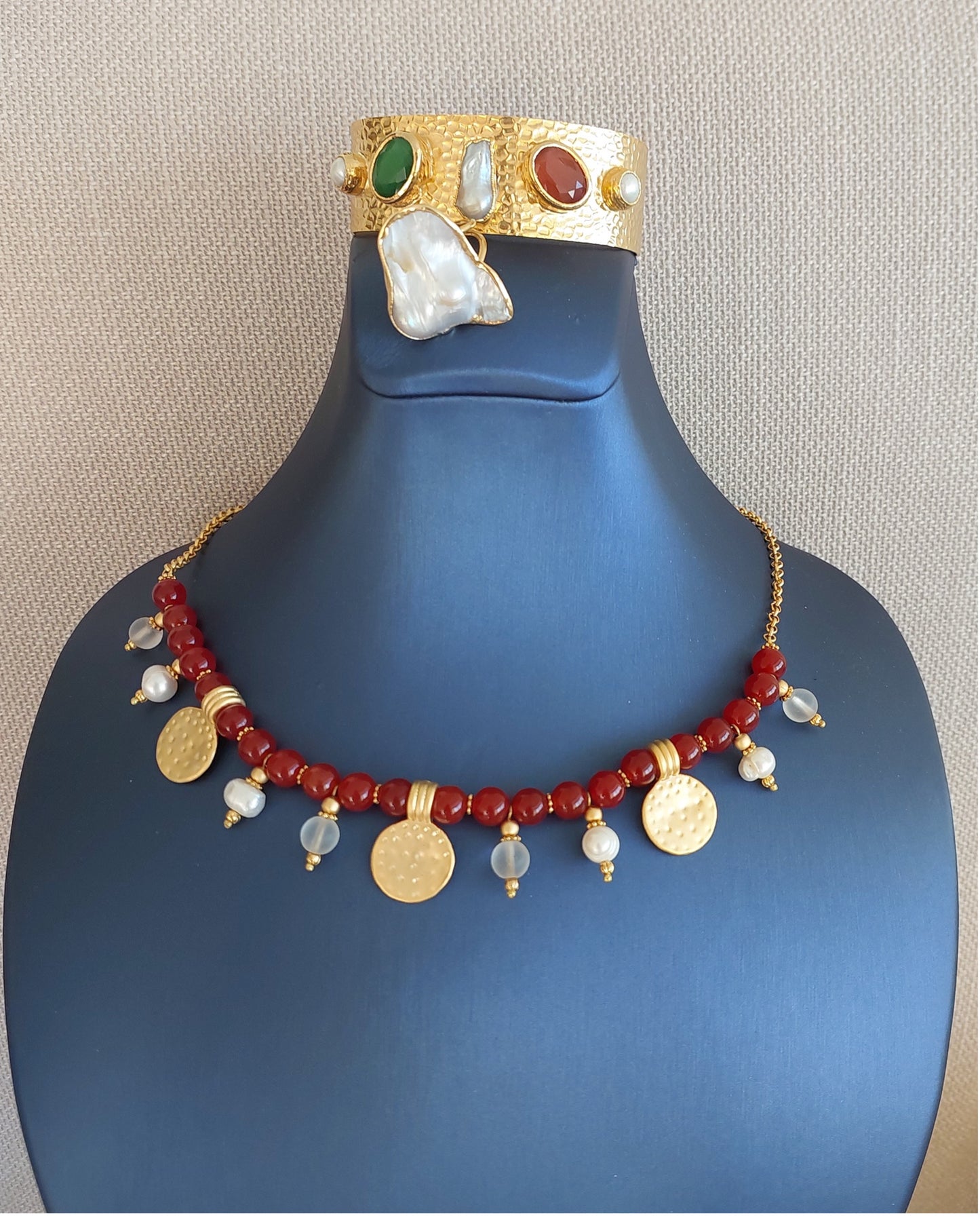Jewelry Set Necklace Bracelet Ring 3 pieces Handmade Gemstones Red Peach Quartz Pearl Great Gift for Woman
