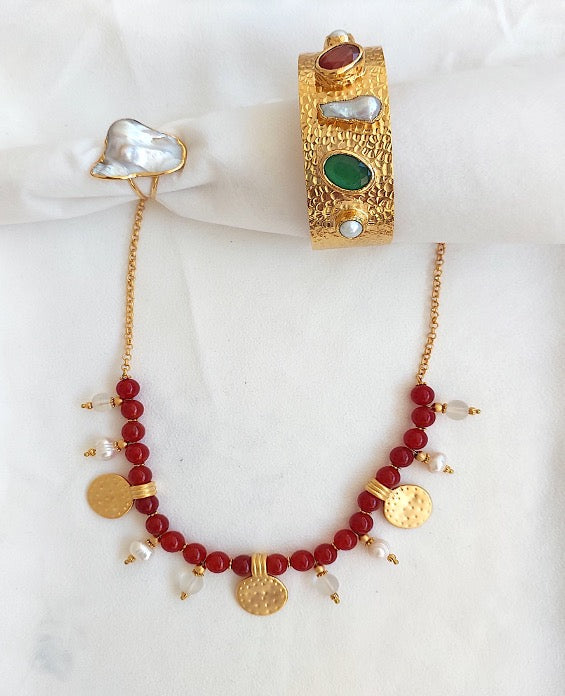 Jewelry Set Necklace Bracelet Ring 3 pieces Handmade Gemstones Red Peach Quartz Pearl Great Gift for Woman