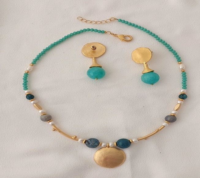 Schmuckset Halskette Ohrringe 2 Stück handgefertigte Edelsteine ​​Türkis Amazonit Blau Perlen Gold Anhänger Tolles Geschenk für die Frau