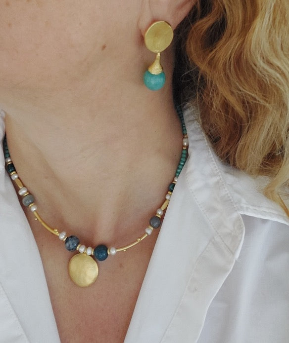 Schmuckset Halskette Ohrringe 2 Stück handgefertigte Edelsteine ​​Türkis Amazonit Blau Perlen Gold Anhänger Tolles Geschenk für die Frau