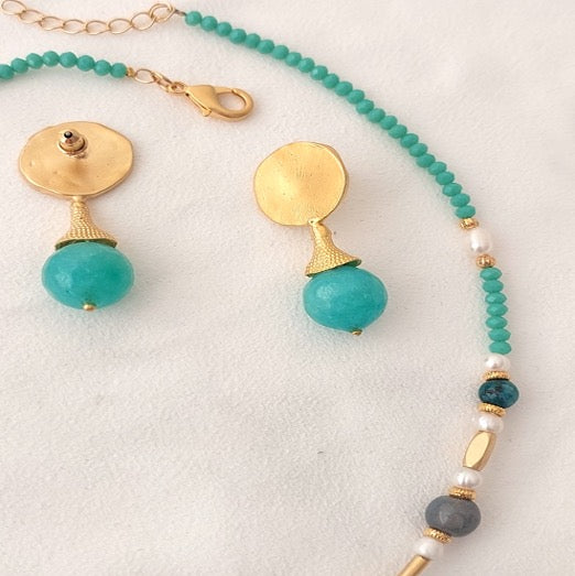Schmuckset Halskette Ohrringe 2 Stück handgefertigte Edelsteine ​​Türkis Amazonit Blau Perlen Gold Anhänger Tolles Geschenk für die Frau