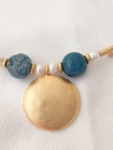 Schmuckset Halskette Ohrringe 2 Stück handgefertigte Edelsteine ​​Türkis Amazonit Blau Perlen Gold Anhänger Tolles Geschenk für die Frau