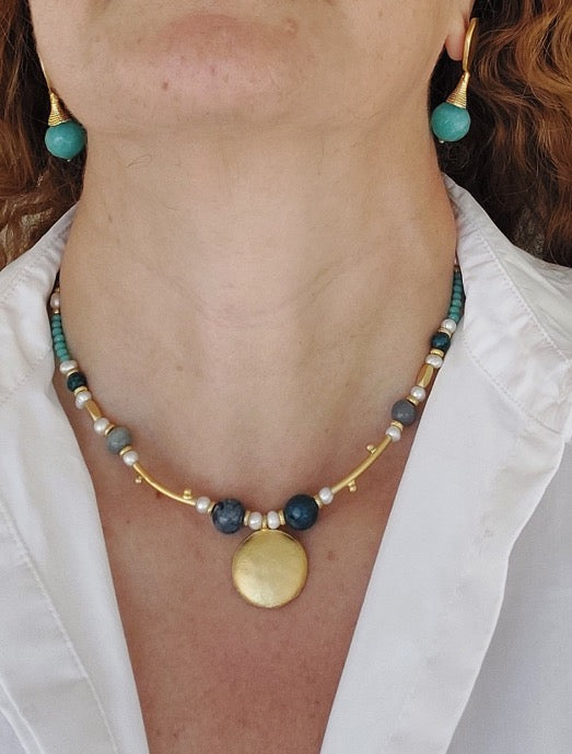 Schmuckset Halskette Ohrringe 2 Stück handgefertigte Edelsteine ​​Türkis Amazonit Blau Perlen Gold Anhänger Tolles Geschenk für die Frau
