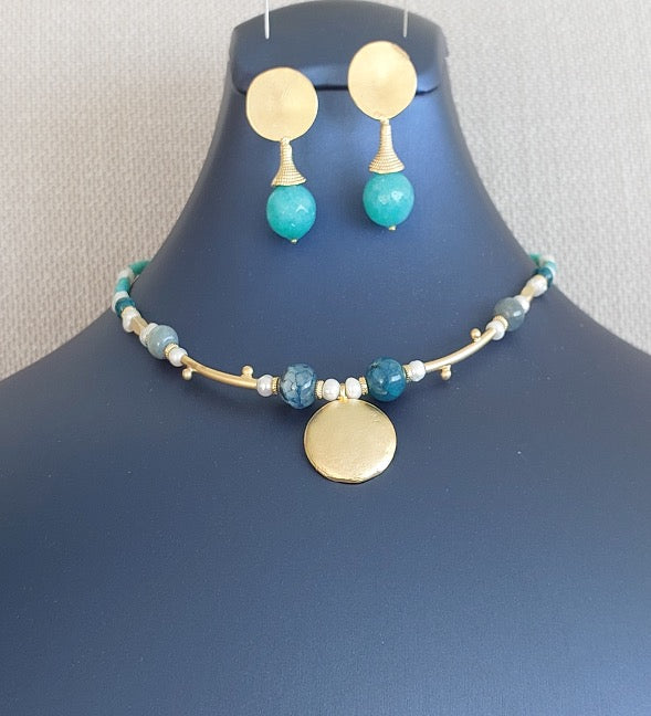 Schmuckset Halskette Ohrringe 2 Stück handgefertigte Edelsteine ​​Türkis Amazonit Blau Perlen Gold Anhänger Tolles Geschenk für die Frau