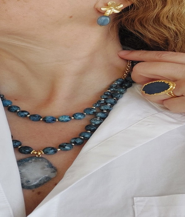 Conjunto de Joyas Collar Pendientes Anillo 3 Piezas Piedras Preciosas Hechas A Mano Apatito Amazonita Gran Regalo para Mujer