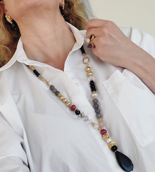 Jewelry Set Necklace Earrings Ring 3 pieces Handmade Gemstones Black Quartz Grey Crystal Pearl Great Gift for Woman