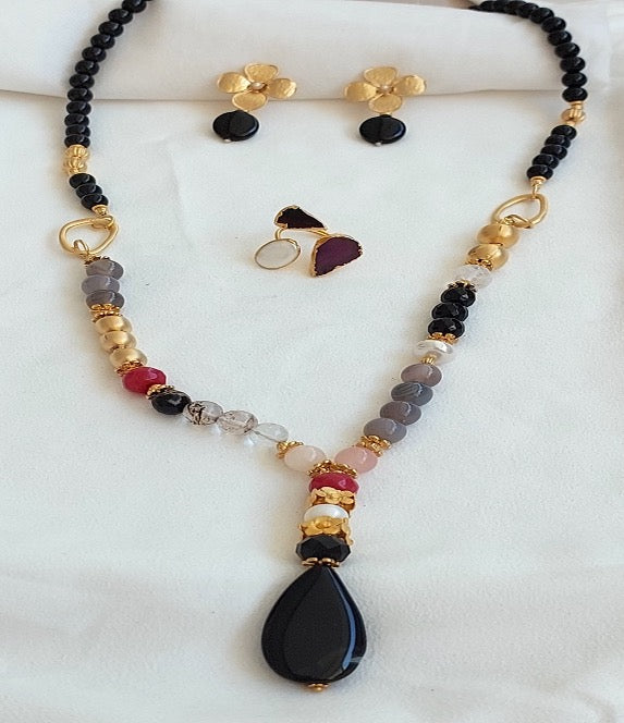 Jewelry Set Necklace Earrings Ring 3 pieces Handmade Gemstones Black Quartz Grey Crystal Pearl Great Gift for Woman