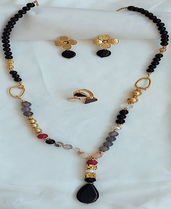 Jewelry Set Necklace Earrings Ring 3 pieces Handmade Gemstones Black Quartz Grey Crystal Pearl Great Gift for Woman