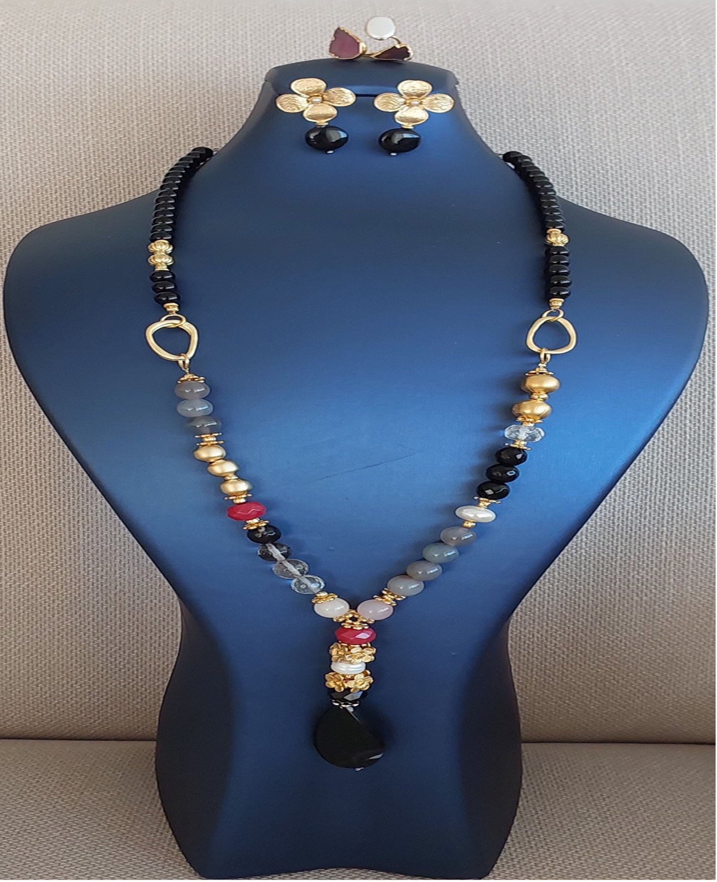 Jewelry Set Necklace Earrings Ring 3 pieces Handmade Gemstones Black Quartz Grey Crystal Pearl Great Gift for Woman