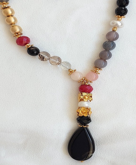 Jewelry Set Necklace Earrings Ring 3 pieces Handmade Gemstones Black Quartz Grey Crystal Pearl Great Gift for Woman