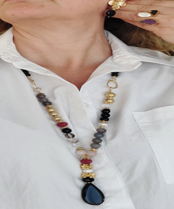 Jewelry Set Necklace Earrings Ring 3 pieces Handmade Gemstones Black Quartz Grey Crystal Pearl Great Gift for Woman