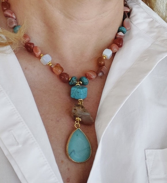 Conjunto de Joyas Collar Pendientes Anillo 3 Piezas Piedras Preciosas Hechas a Mano Rosa Rojo Jaspe Turquesa Gran Regalo para Mujer
