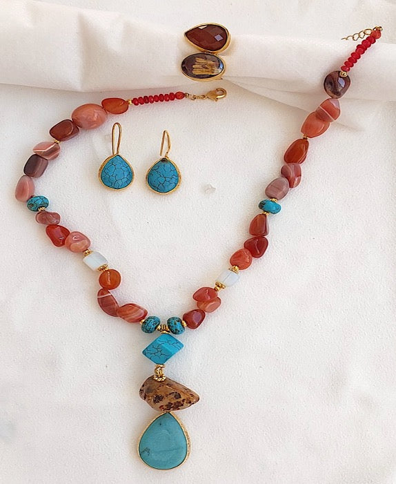 Conjunto de Joyas Collar Pendientes Anillo 3 Piezas Piedras Preciosas Hechas a Mano Rosa Rojo Jaspe Turquesa Gran Regalo para Mujer