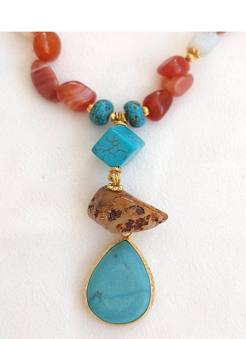 Conjunto de Joyas Collar Pendientes Anillo 3 Piezas Piedras Preciosas Hechas a Mano Rosa Rojo Jaspe Turquesa Gran Regalo para Mujer