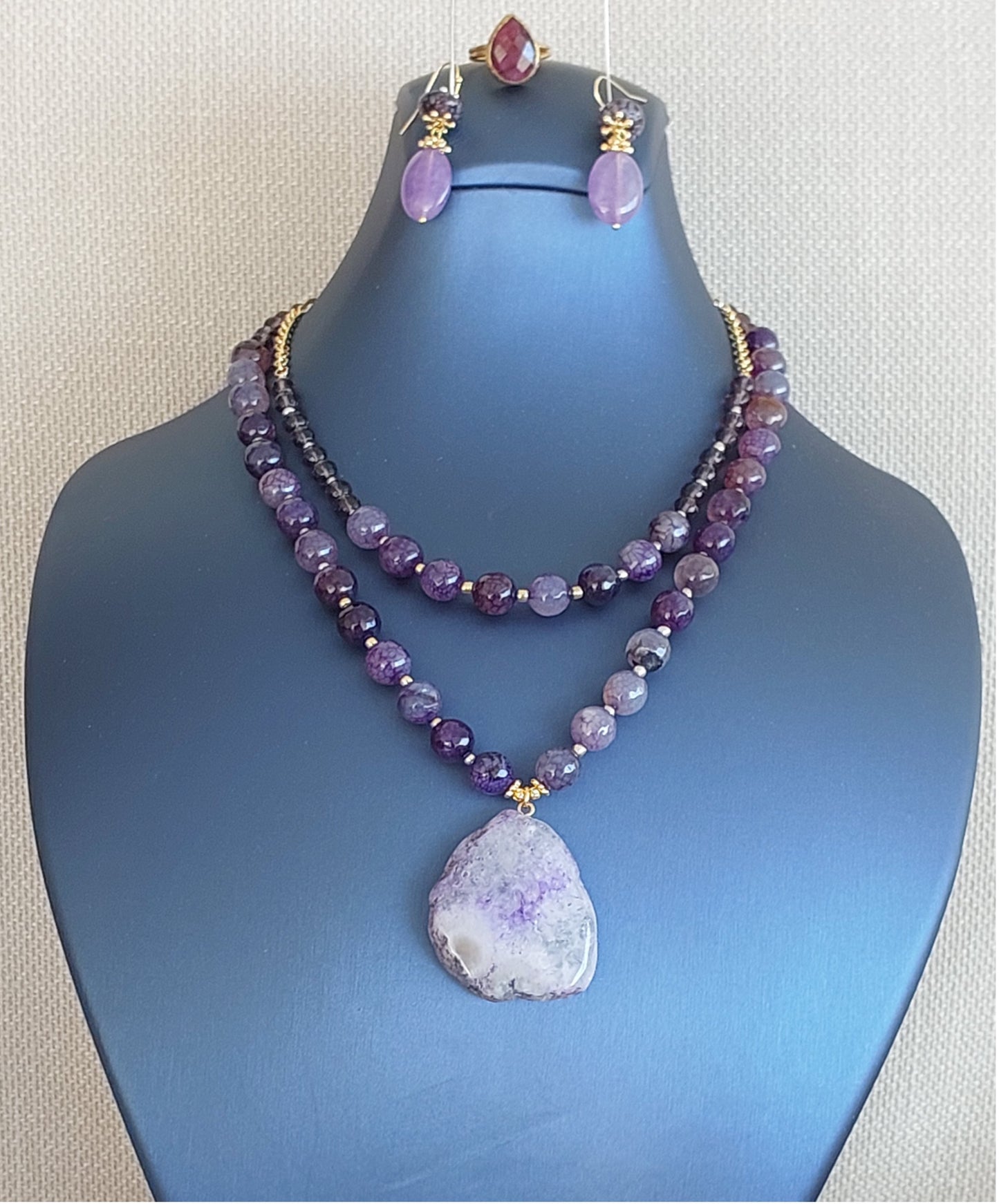Schmuckset Halskette Ohrringe Ring 3 Stück Handgefertigte Edelsteine ​​Lila Charoit Amethyst Tolles Geschenk für die Frau