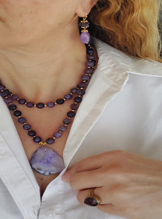Schmuckset Halskette Ohrringe Ring 3 Stück Handgefertigte Edelsteine ​​Lila Charoit Amethyst Tolles Geschenk für die Frau
