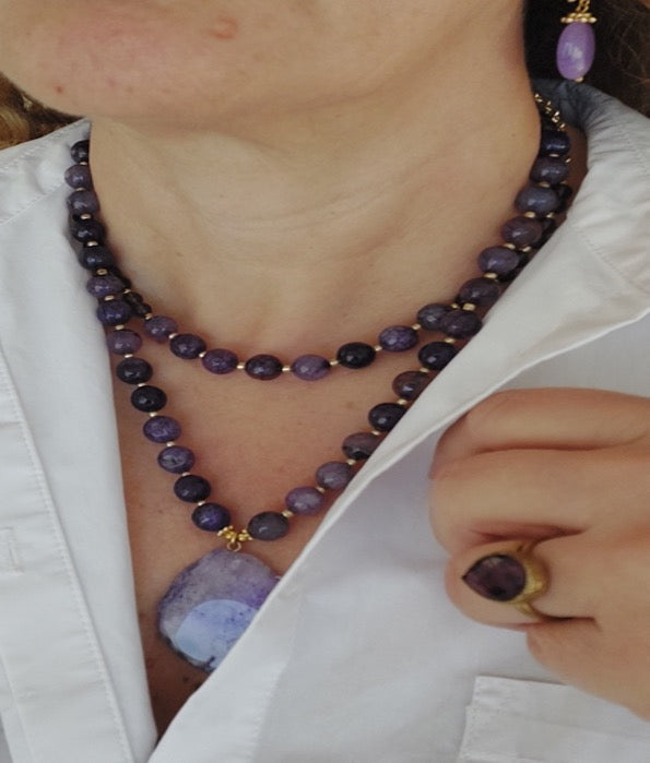 Schmuckset Halskette Ohrringe Ring 3 Stück Handgefertigte Edelsteine ​​Lila Charoit Amethyst Tolles Geschenk für die Frau