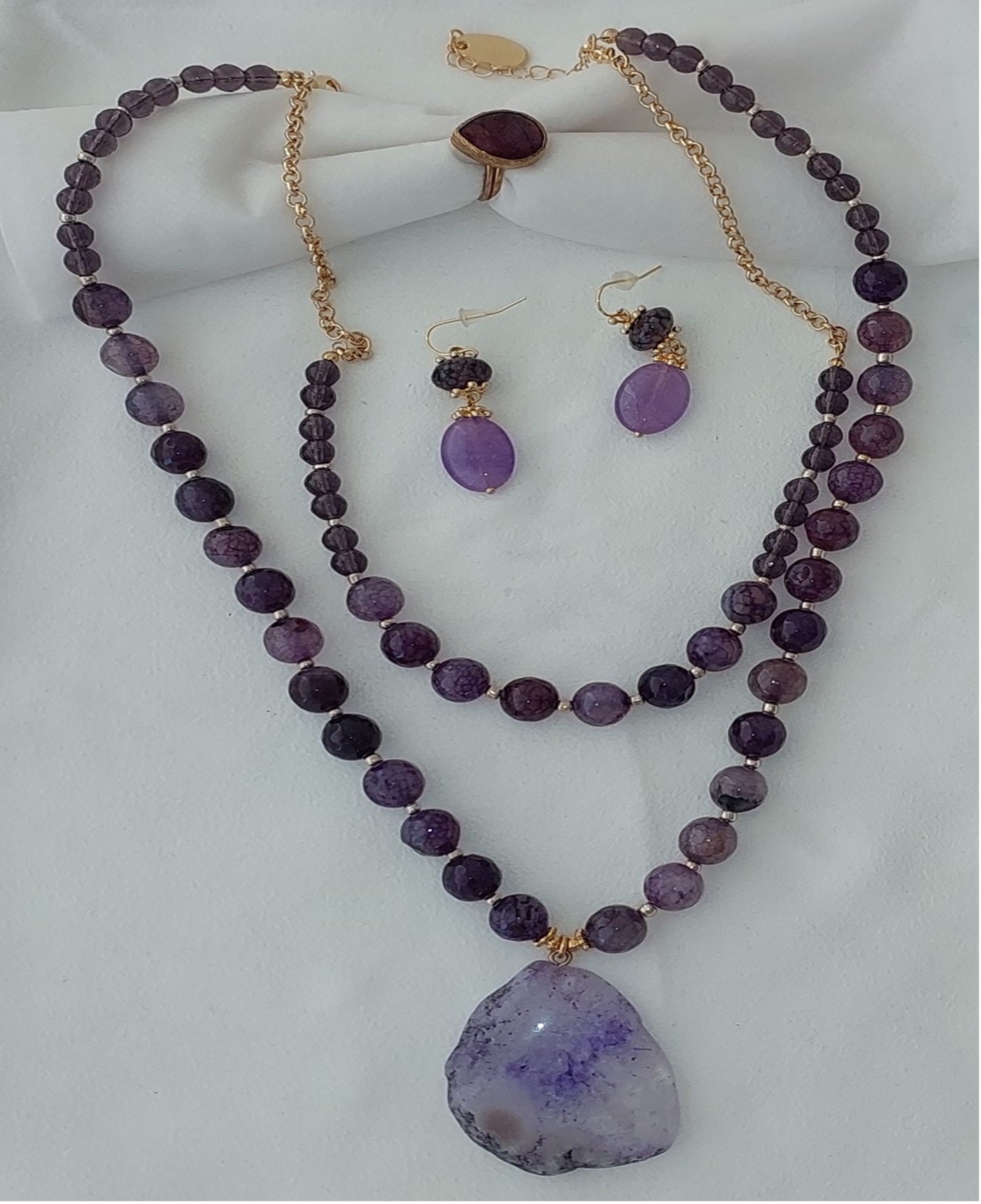 Schmuckset Halskette Ohrringe Ring 3 Stück Handgefertigte Edelsteine ​​Lila Charoit Amethyst Tolles Geschenk für die Frau