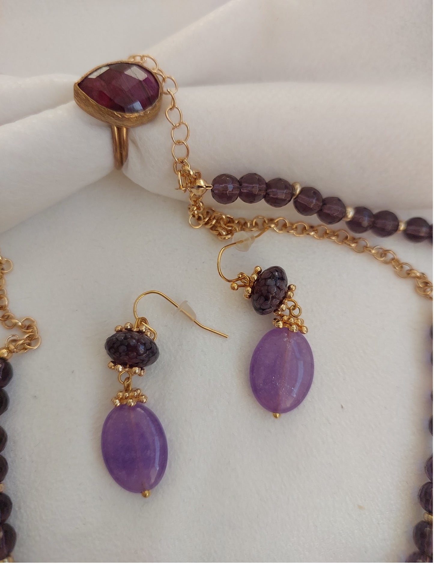 Schmuckset Halskette Ohrringe Ring 3 Stück Handgefertigte Edelsteine ​​Lila Charoit Amethyst Tolles Geschenk für die Frau