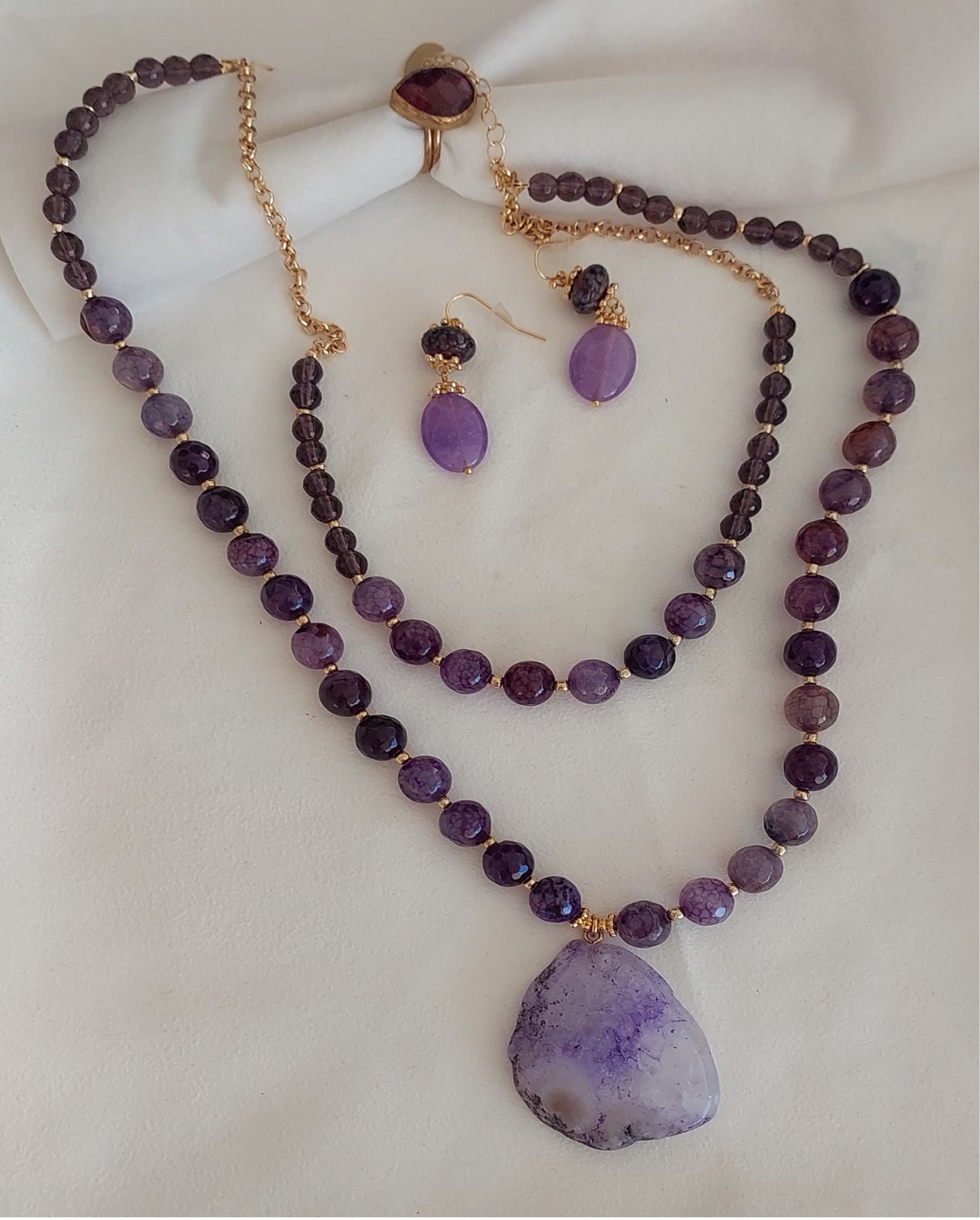 Schmuckset Halskette Ohrringe Ring 3 Stück Handgefertigte Edelsteine ​​Lila Charoit Amethyst Tolles Geschenk für die Frau