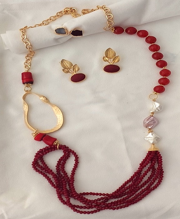 Jewelry Set Necklace Earrings Ring 3 pieces Handmade Gemstones Red Rhodonite Jasper Great Gift for Woman