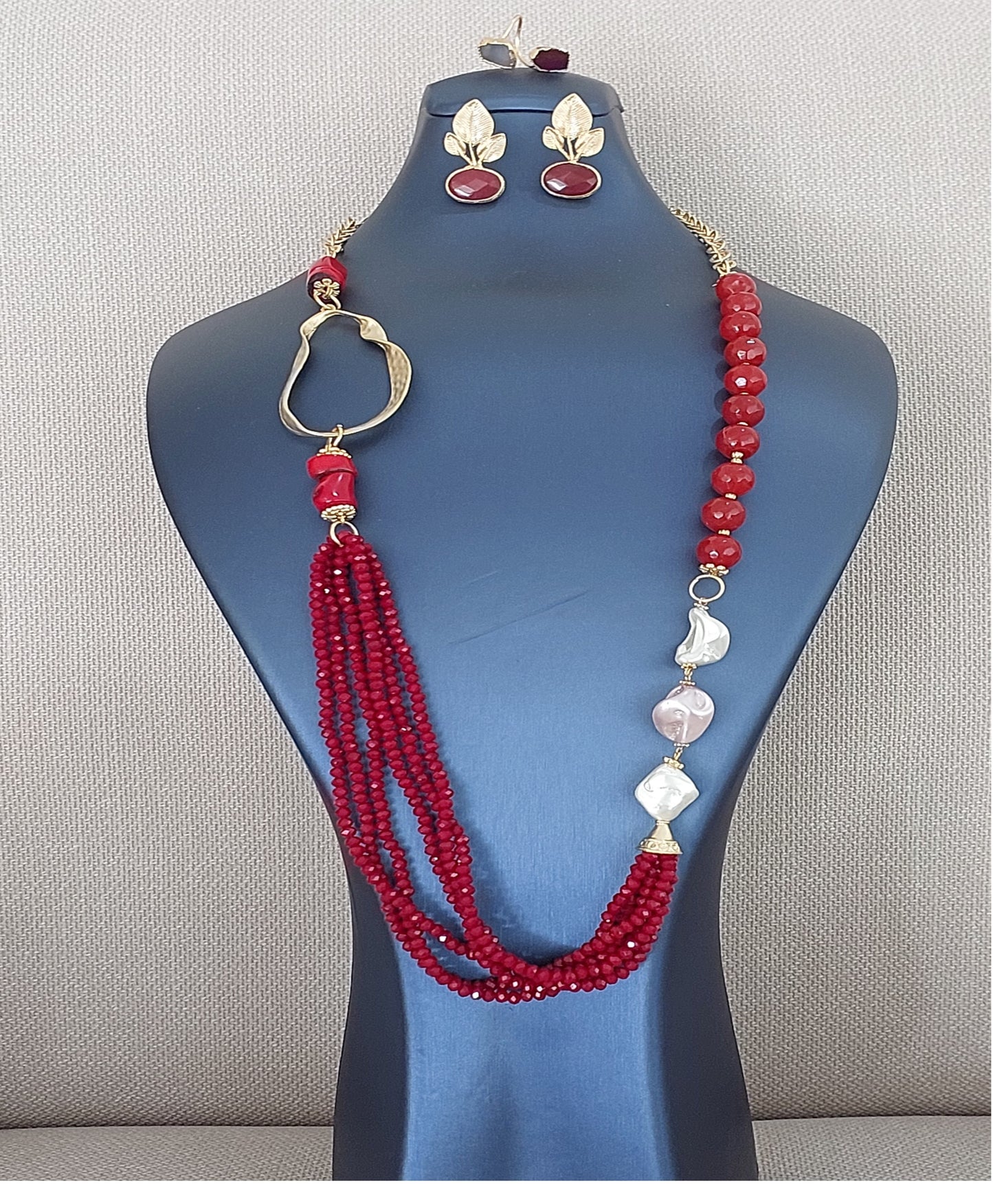 Jewelry Set Necklace Earrings Ring 3 pieces Handmade Gemstones Red Rhodonite Jasper Great Gift for Woman